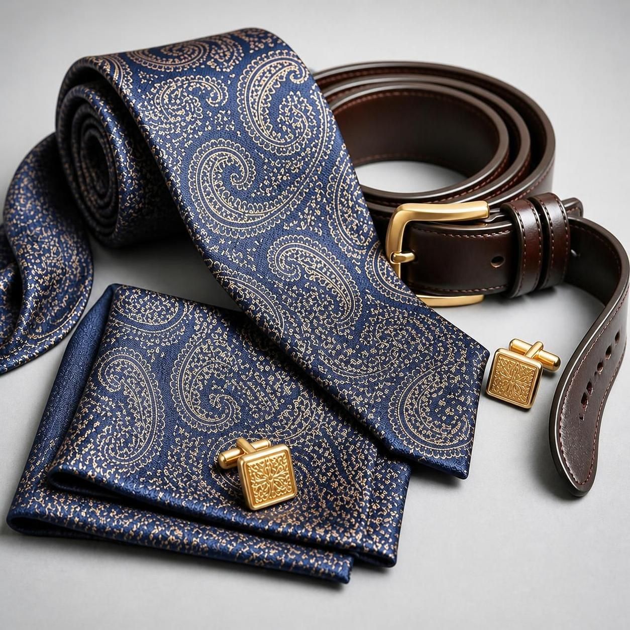 Ties, pocket square, cufflinks and belt
