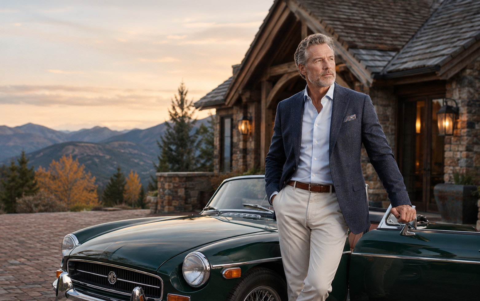 Well-dressed man beside a classic MG at a mountain estate