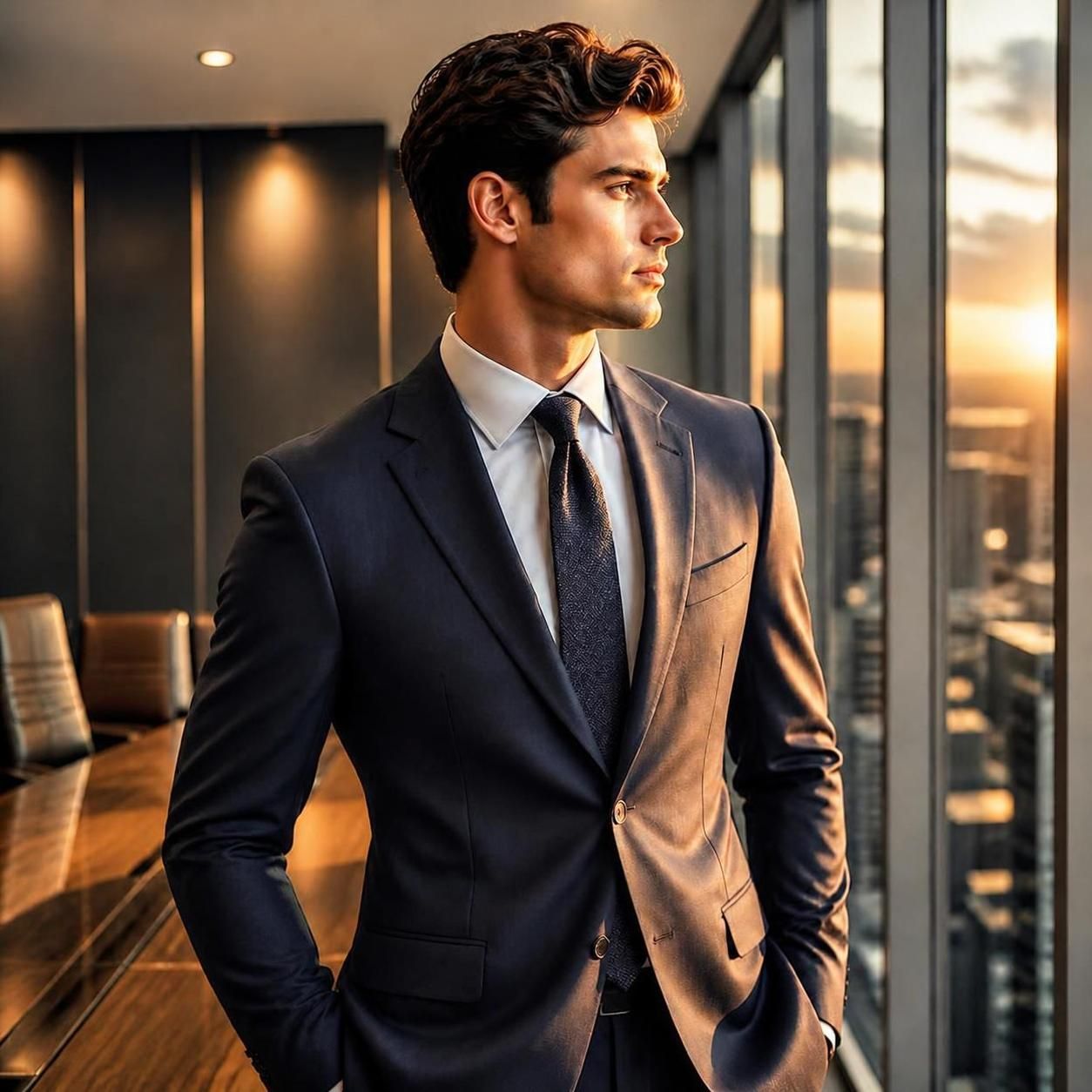 Model in a suit in a boardroom setting