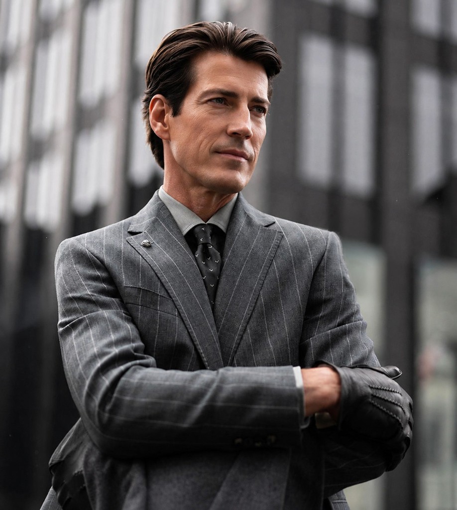Man in a grey pinstripe suit, dress shirt, and patterned tie