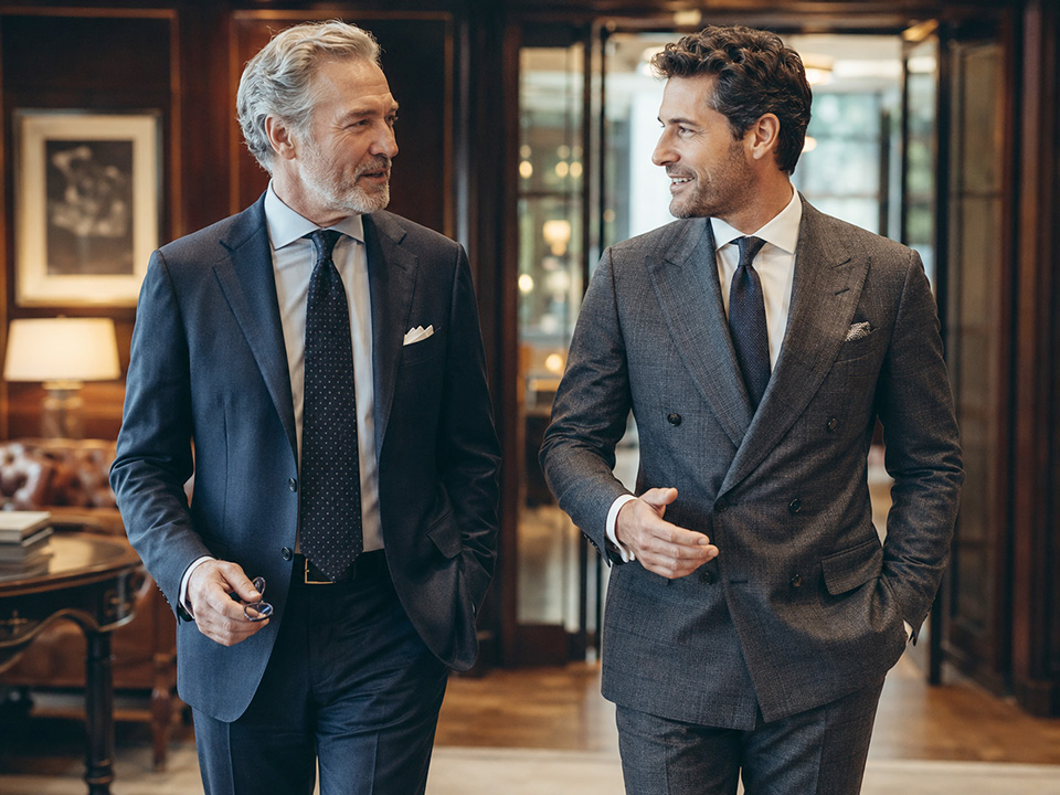 Two men in tailored navy and charcoal suits