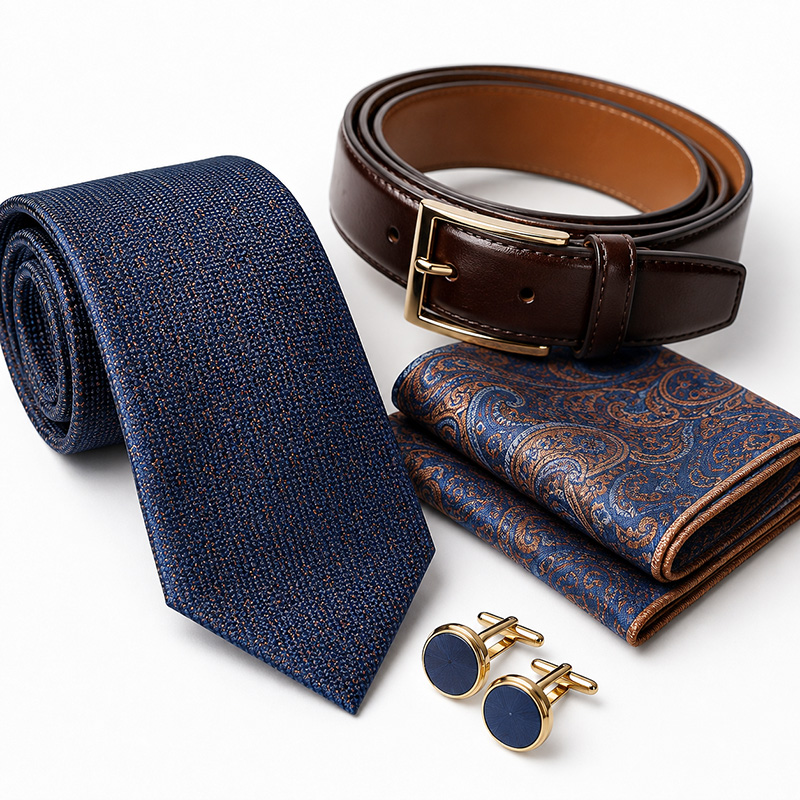 Navy tie, leather belt, paisley pocket square, and cufflinks